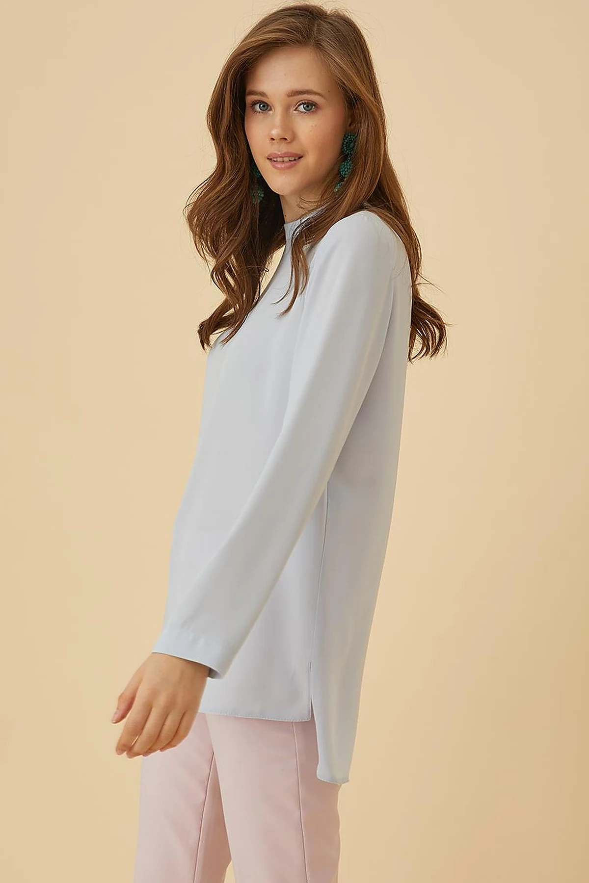 Basic Dik Yaka Bluz Açık Gri SZ-10500