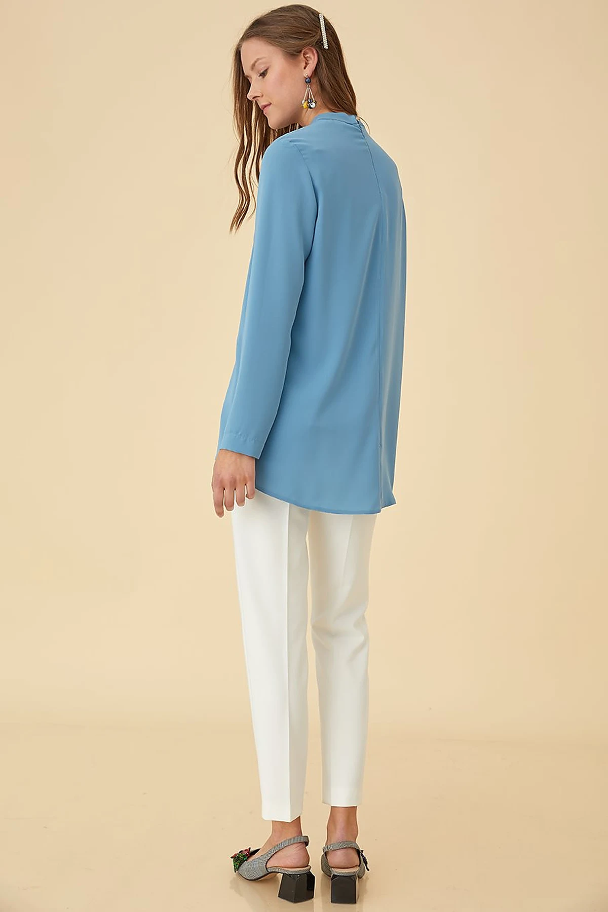 Basic Dik Yaka Bluz SZ-10500 Mavi