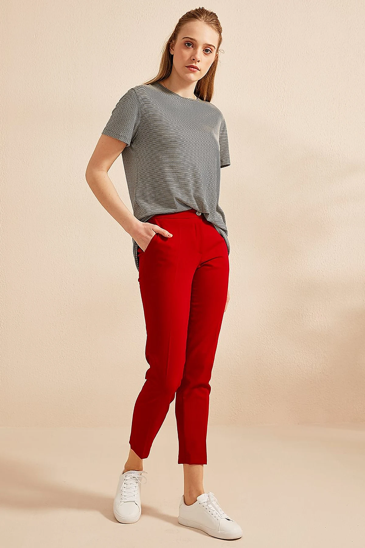 Basic Dar Paça Pantolon Kırmızı