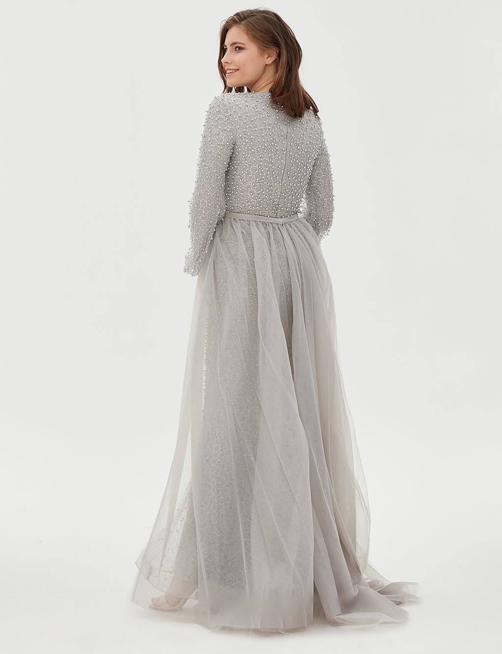 TIARA Pearl Detailed Evening Gown B9 26017 Grey