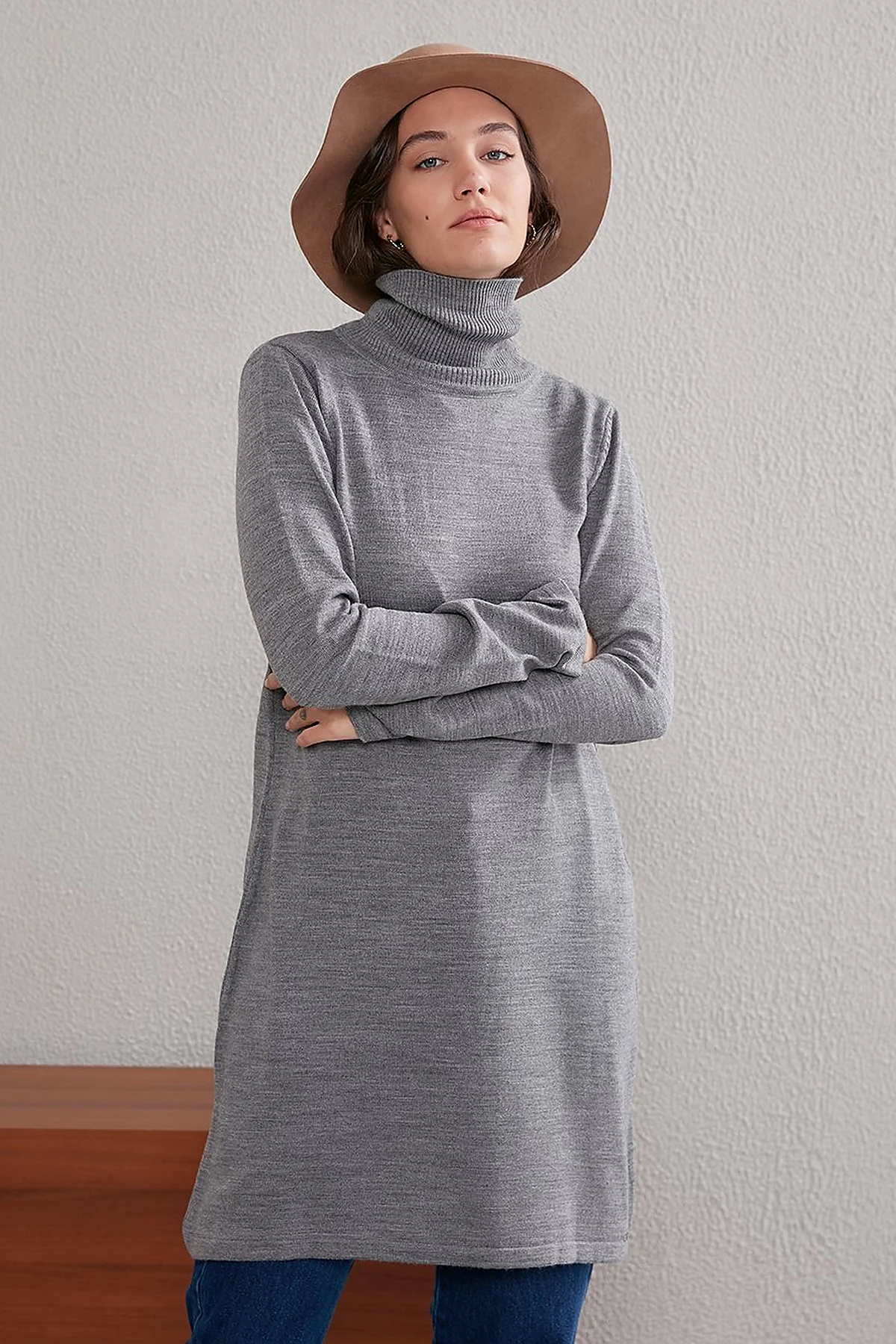 Basic Turtleneck Knitwear Tunic SZ TRK40 Gray