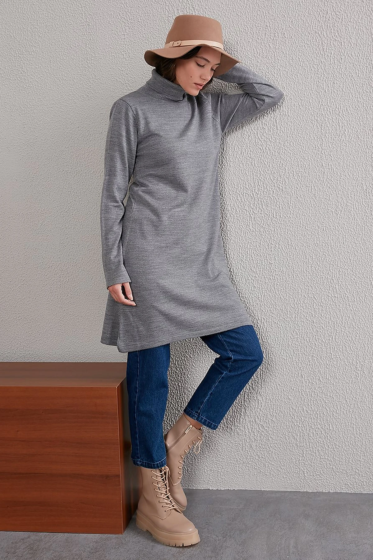 Basic Turtleneck Knitwear Tunic SZ TRK40 Gray