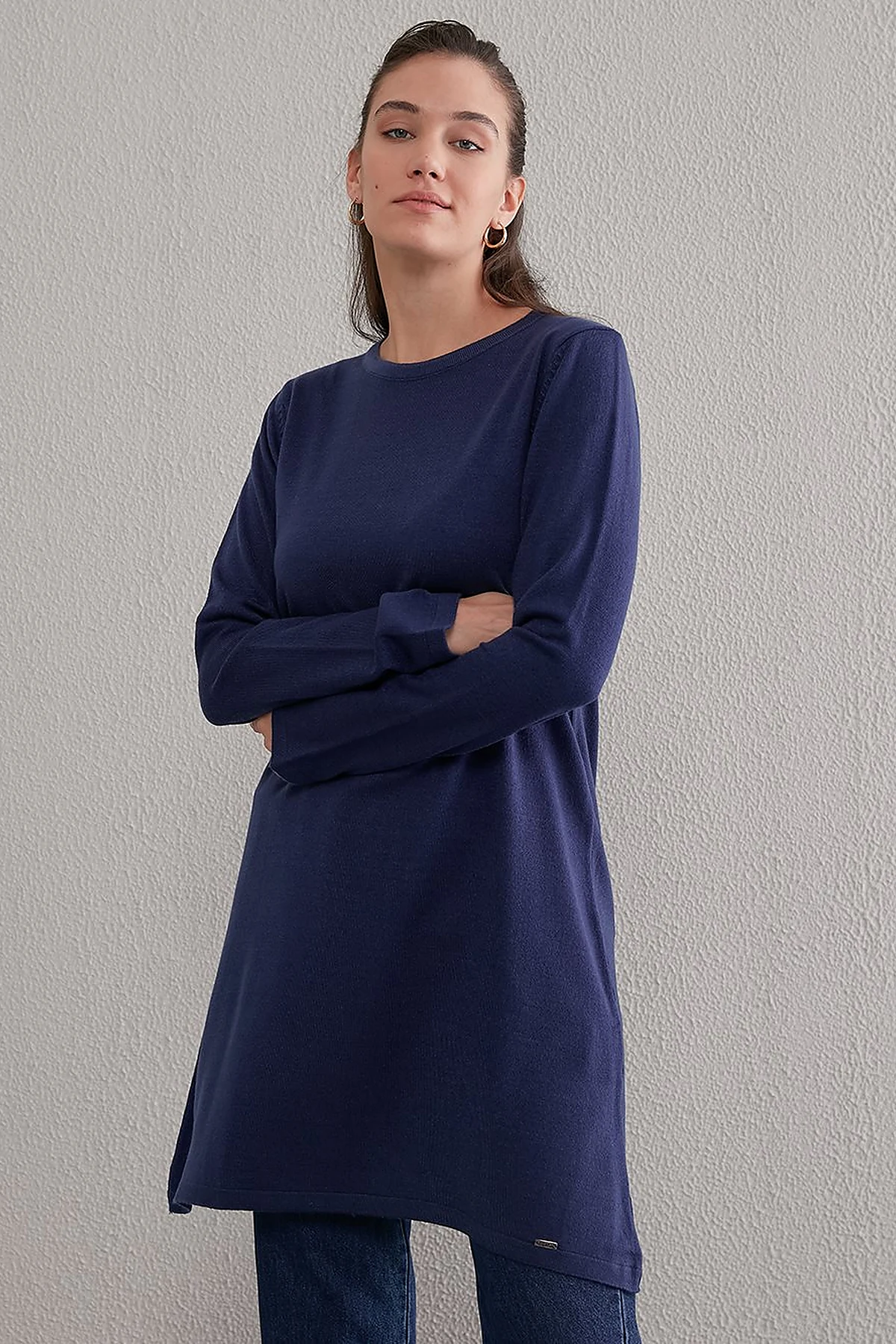 Basic Crew Neck Knit Tunic Indigo