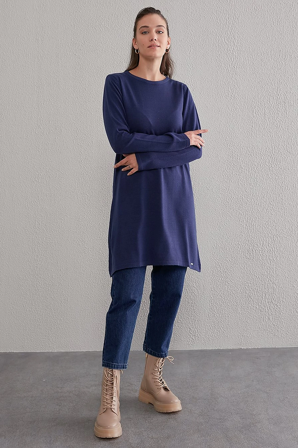 Basic Crew Neck Knit Tunic Indigo
