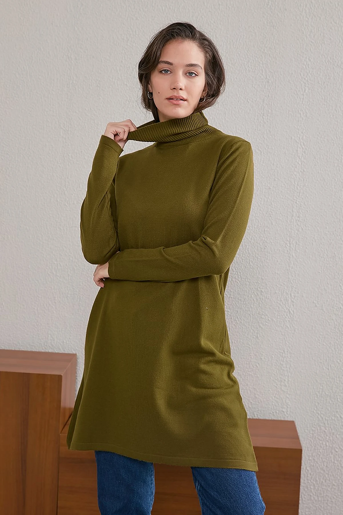 Basic Turtleneck Knitwear Tunic SZ TRK40 Khaki