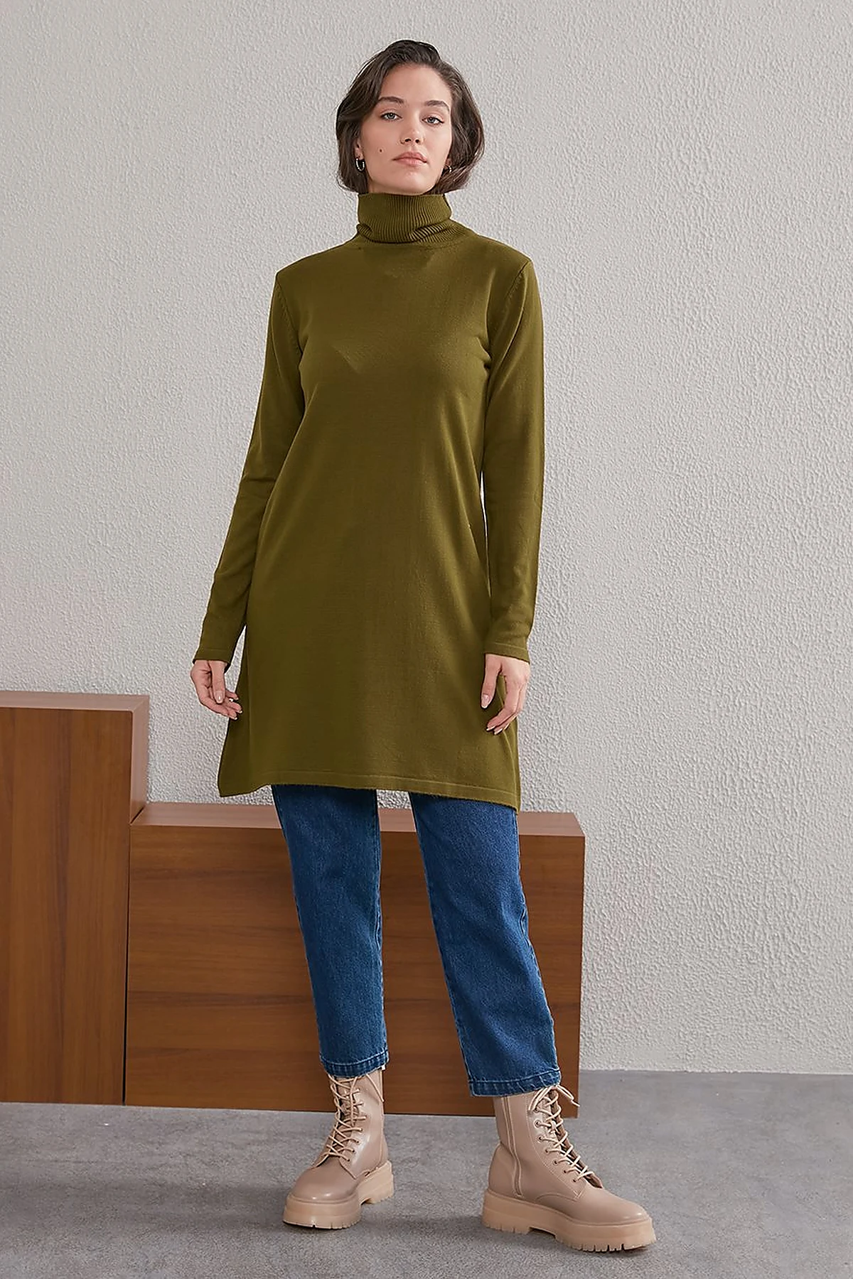Basic Turtleneck Knitwear Tunic SZ TRK40 Khaki