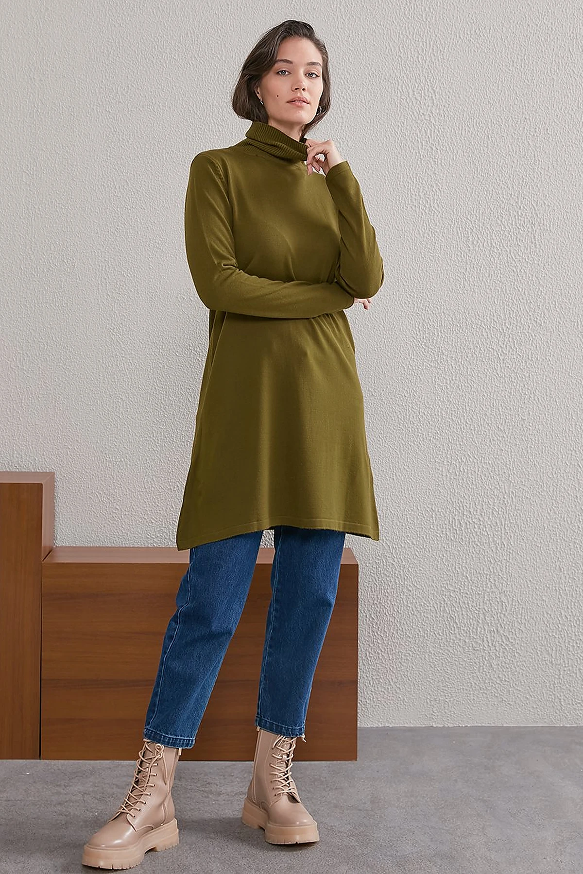 Basic Turtleneck Knitwear Tunic SZ TRK40 Khaki