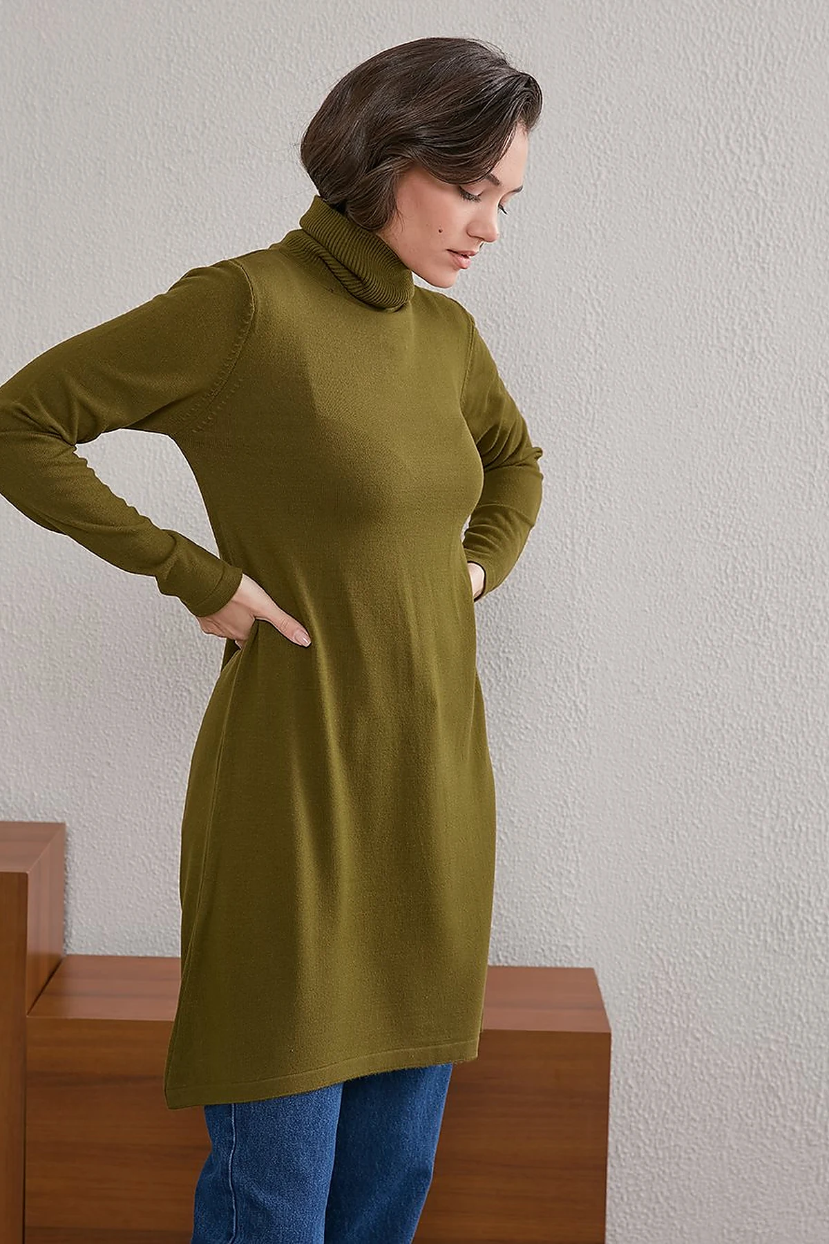Basic Turtleneck Knitwear Tunic SZ TRK40 Khaki