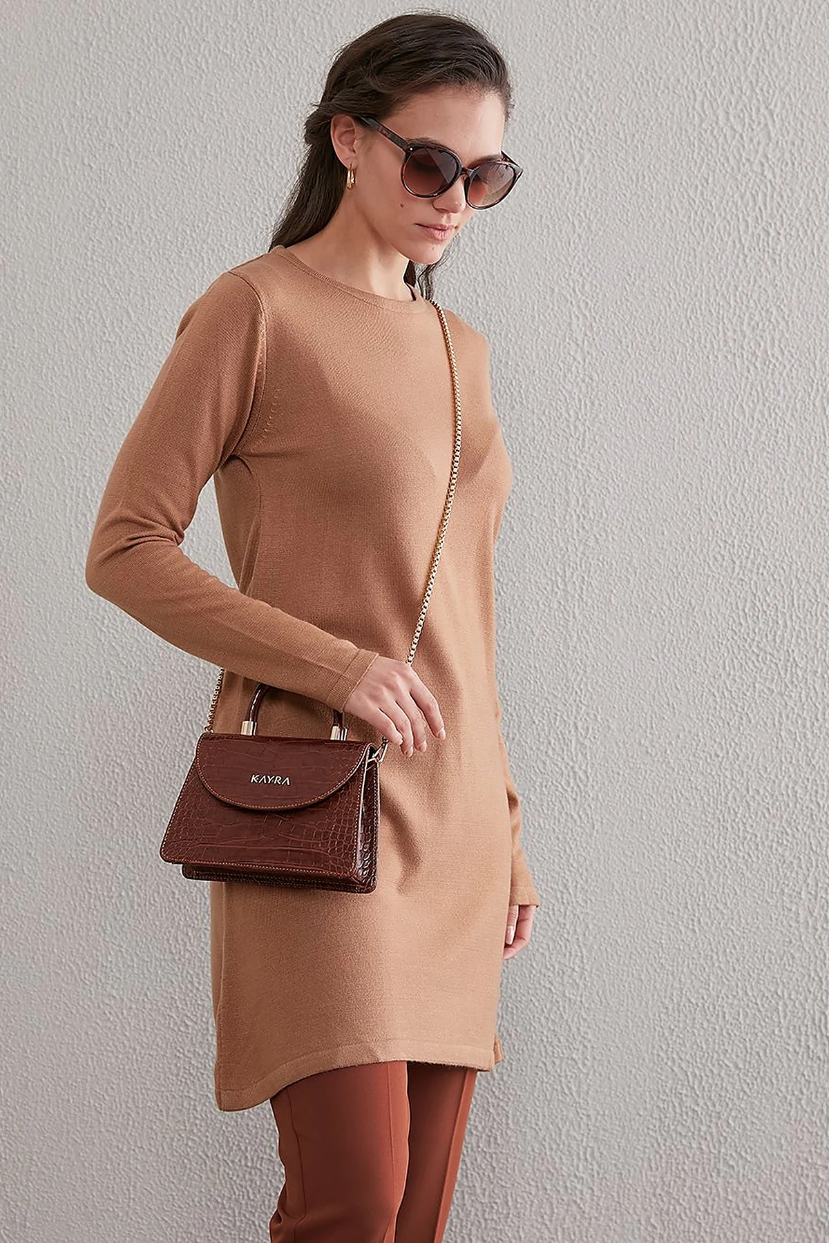 Basic Crew Neck Knit Tunic Beige