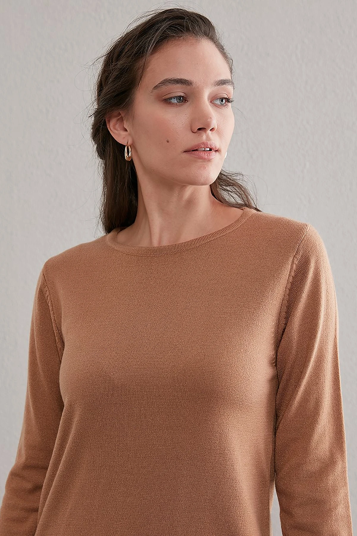 Basic Crew Neck Knit Tunic Beige