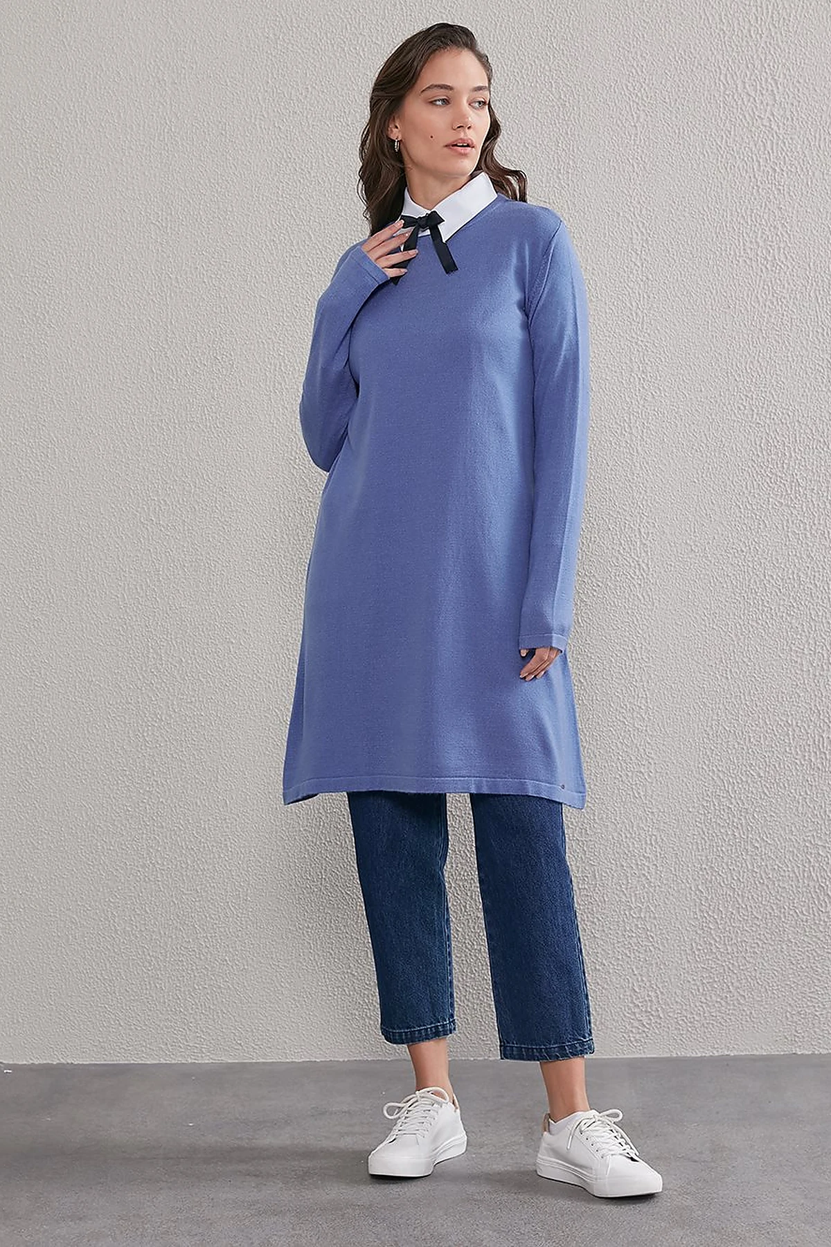 Basic Sıfır Yaka Triko Tunik Mavi 