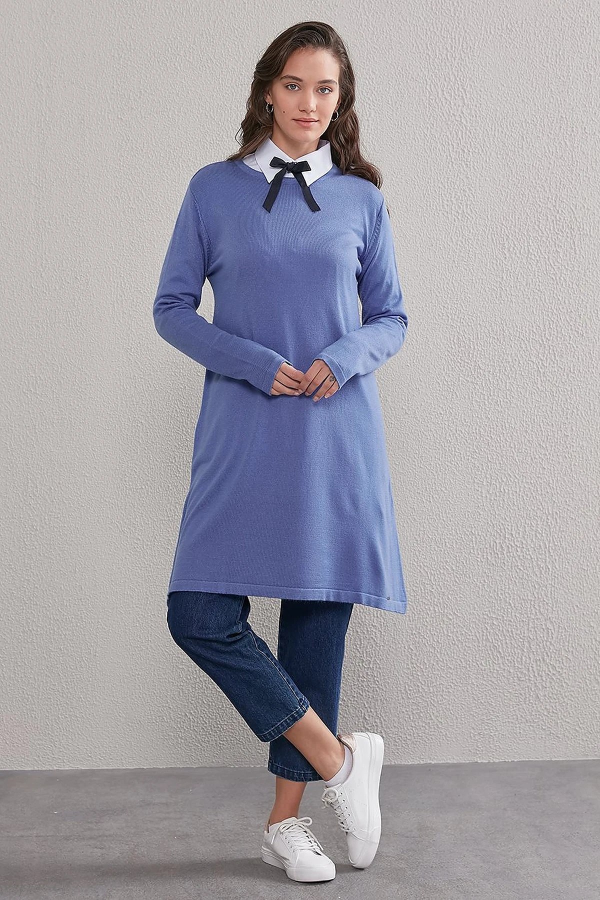 Basic Sıfır Yaka Triko Tunik Mavi 