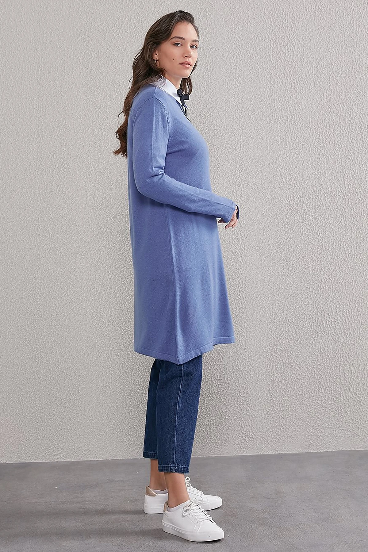 Basic Sıfır Yaka Triko Tunik Mavi 