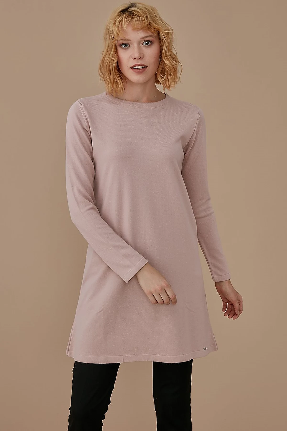 Basic Crew Neck Knit Tunic Powder