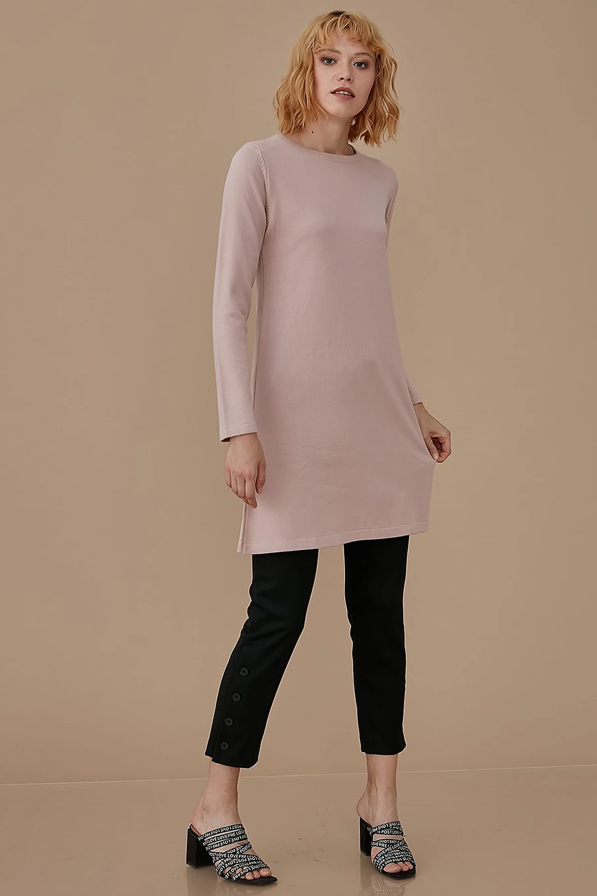 Basic Crew Neck Knit Tunic Powder