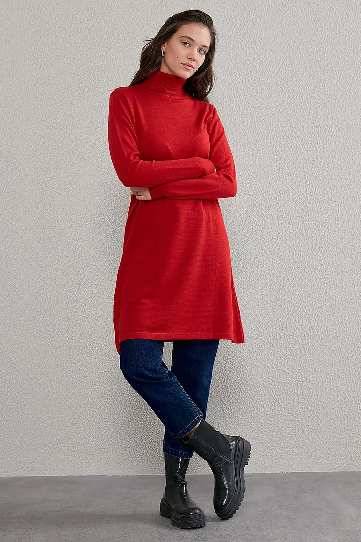 Basic Balıkçı Yaka Triko Tunik Kırmızı SZ TRK40