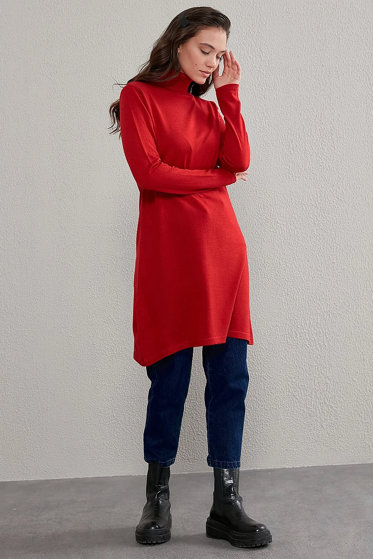 Basic Balıkçı Yaka Triko Tunik Kırmızı SZ TRK40
