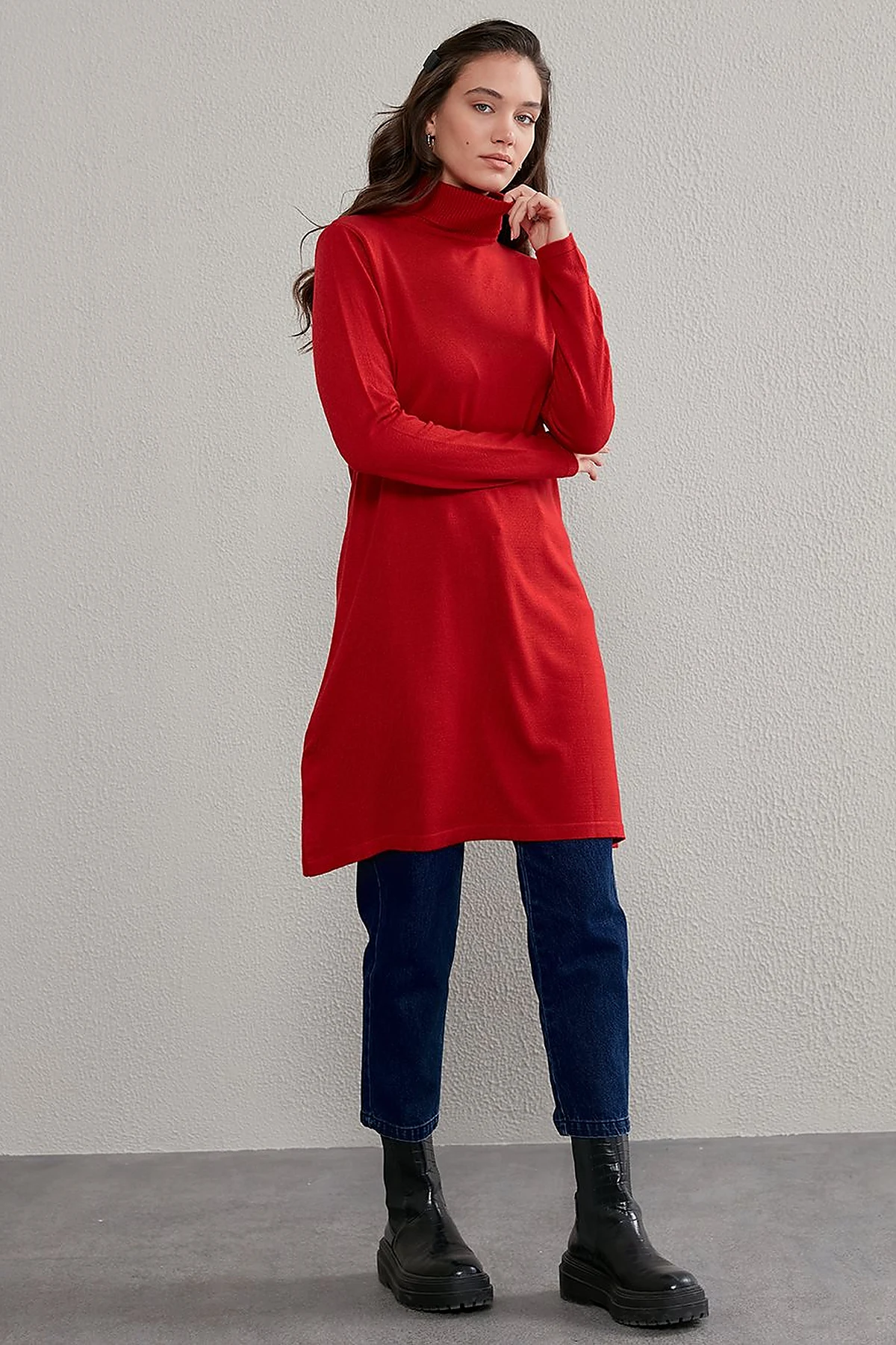 Basic Balıkçı Yaka Triko Tunik Kırmızı SZ TRK40
