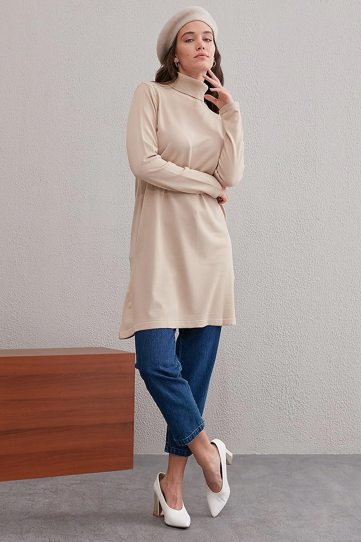 Basic Turtleneck Knitwear Tunic SZ TRK40 Stone