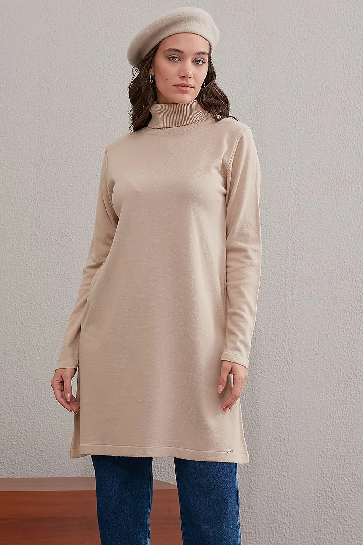 Basic Turtleneck Knitwear Tunic SZ TRK40 Stone
