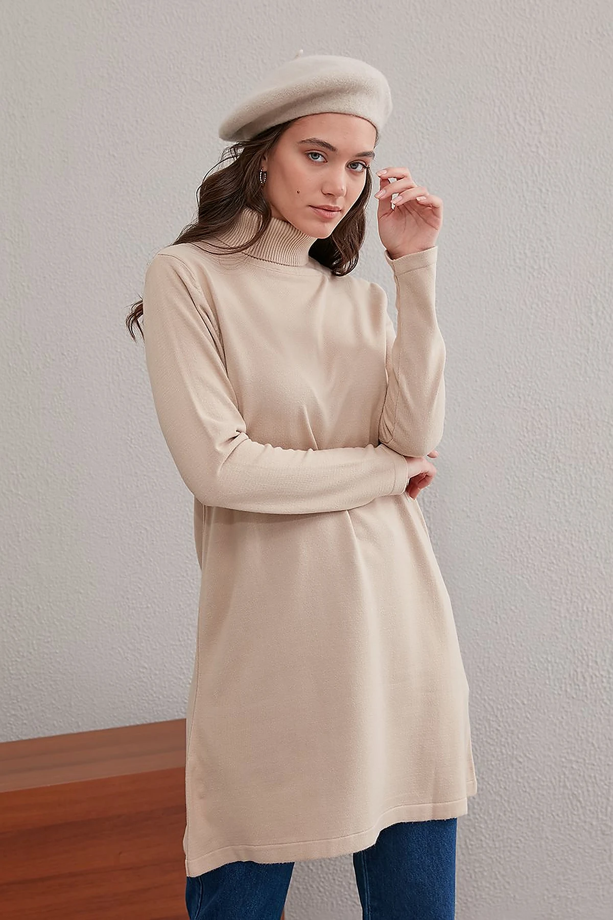 Basic Turtleneck Knitwear Tunic SZ TRK40 Stone