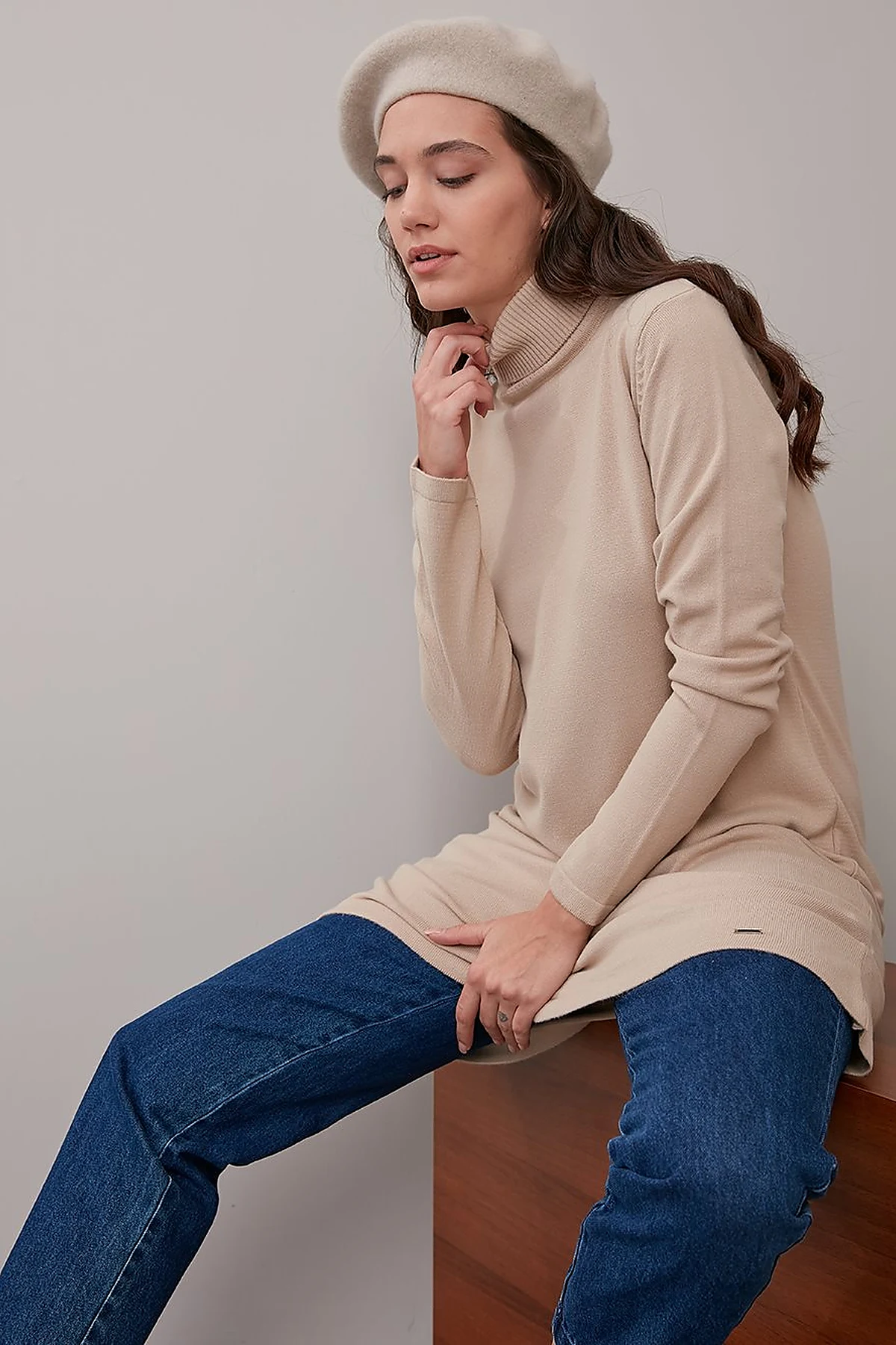 Basic Turtleneck Knitwear Tunic SZ TRK40 Stone
