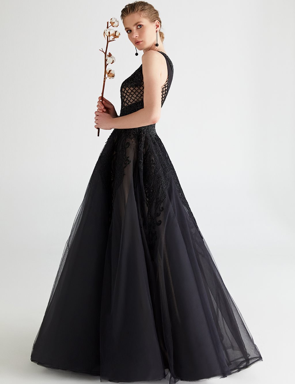 TIARA Tasseled, Embroidered Evening Dress B9 26096 Black