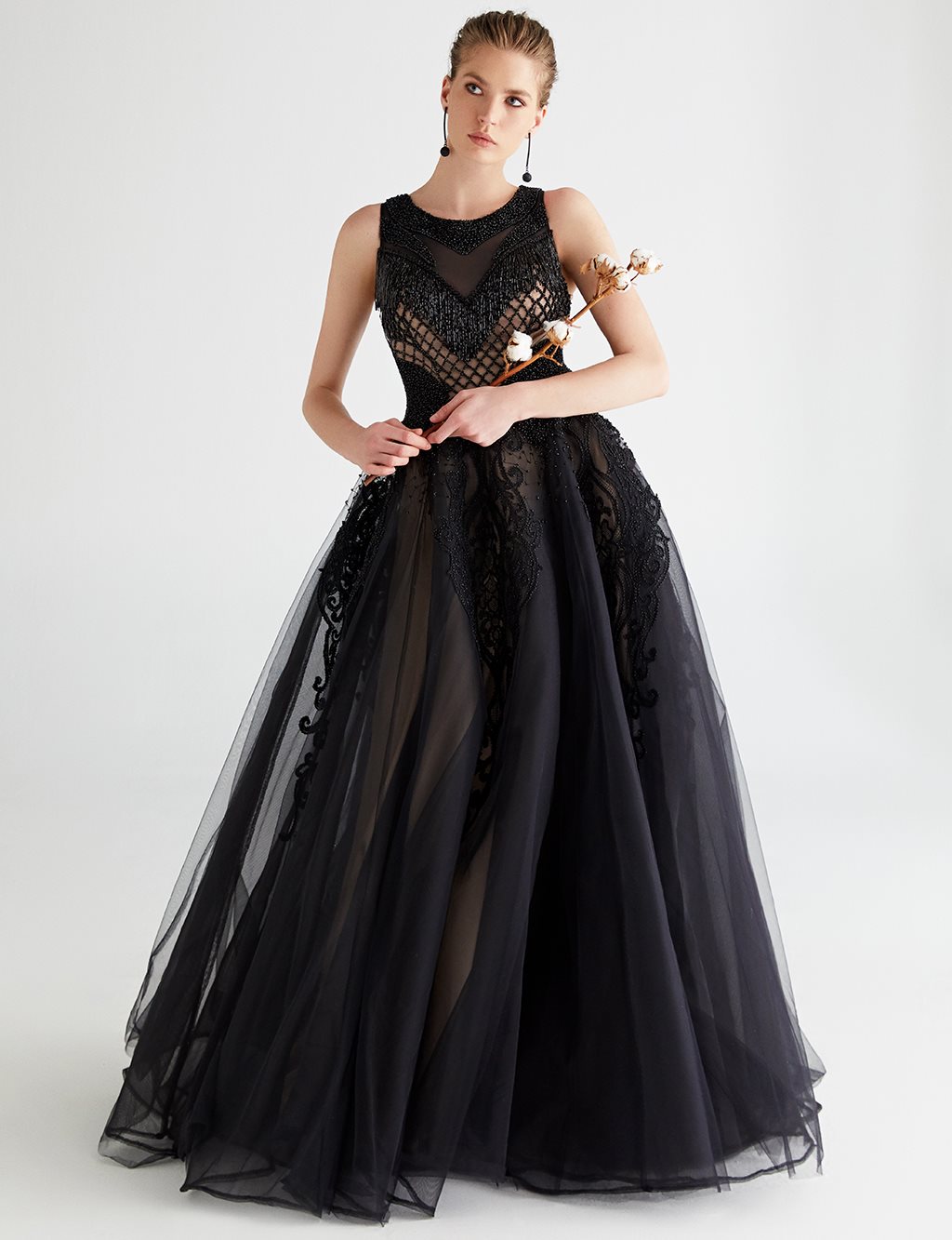 TIARA Tasseled, Embroidered Evening Dress B9 26096 Black