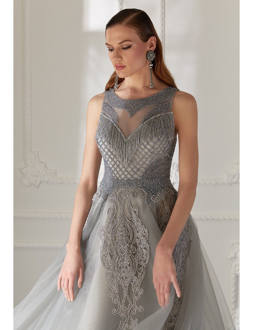 TIARA Tasseled, Embroidered Evening Dress B9 26096 Blue Granite