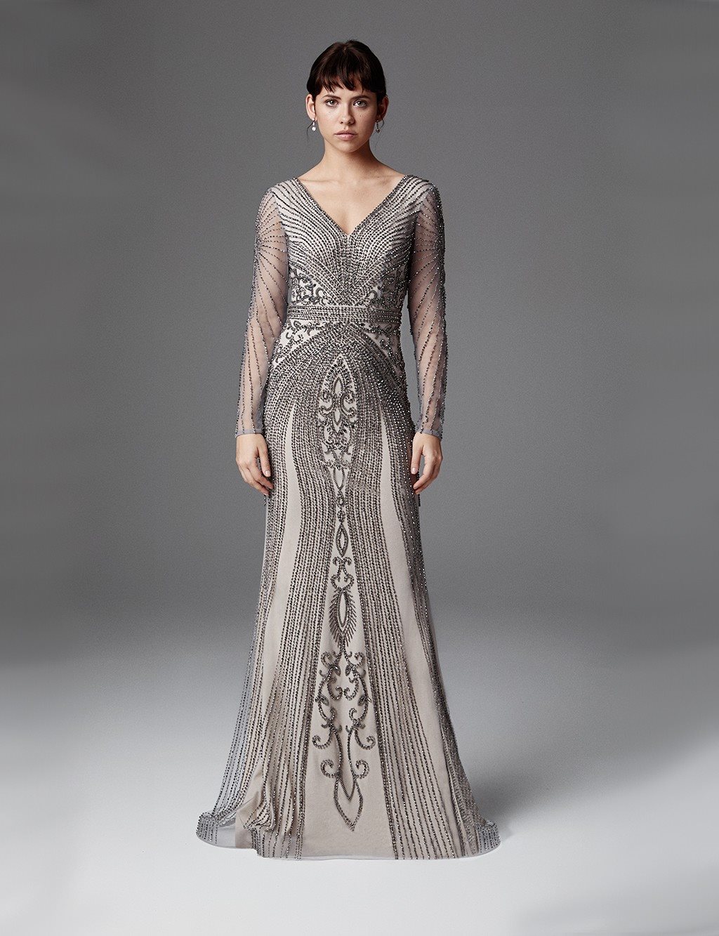 TIARA Embroidered V Neck Evening Dress Mink B20 26161