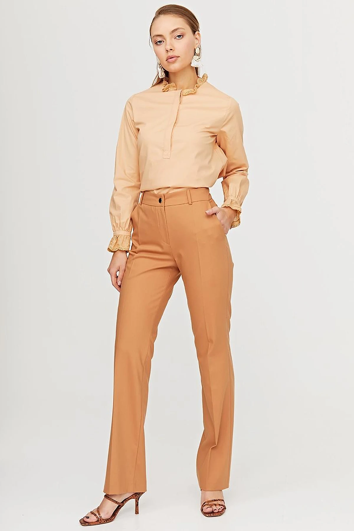 Basic Boru Paça Pantolon Koyu Bej SZ 19502