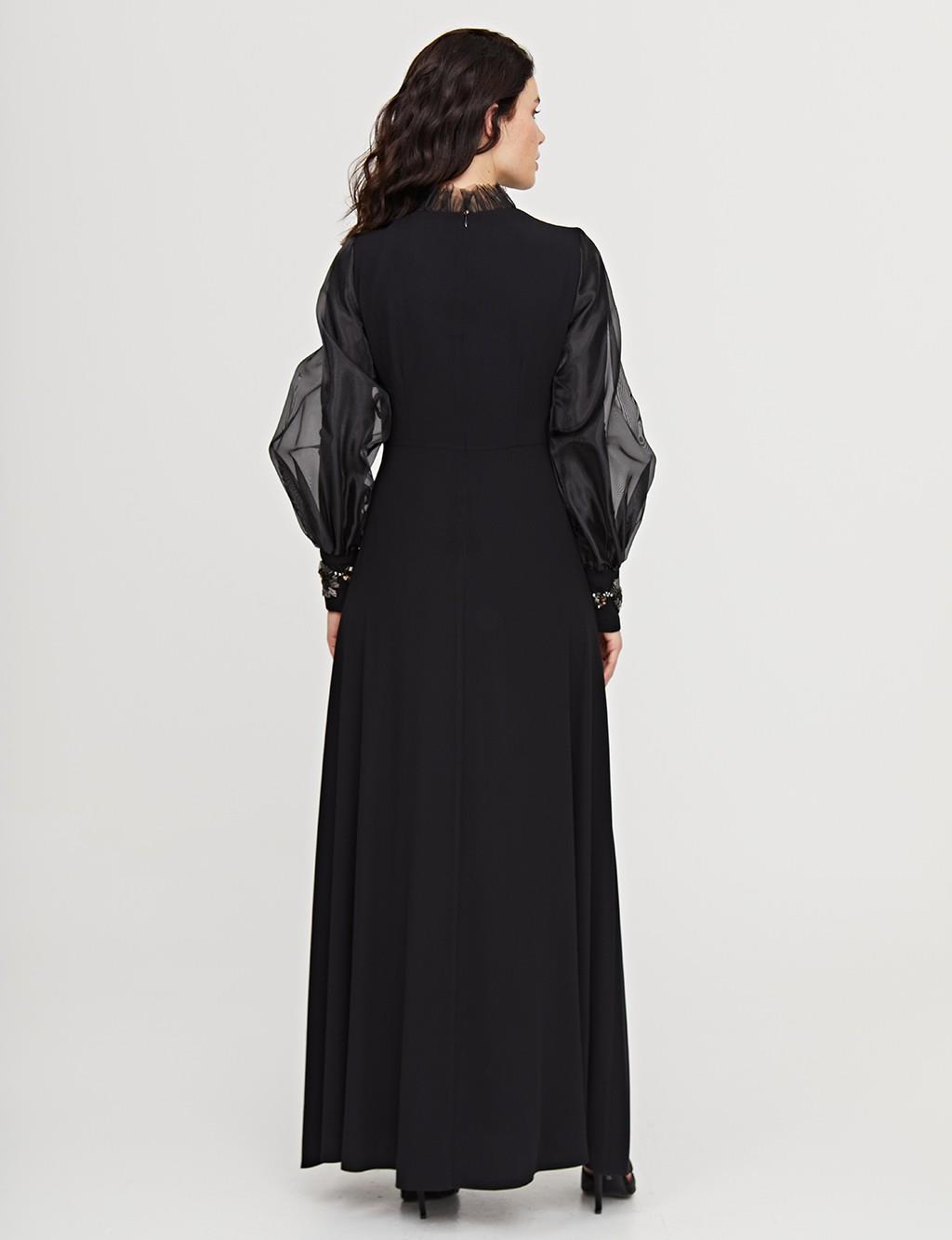 Şifon Katmanlı Balon Kol Elbise Siyah B21 23043