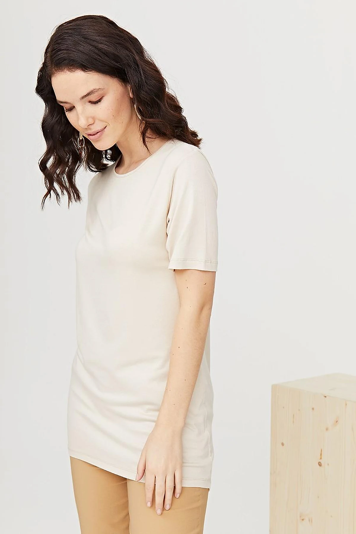 Sıfır Yaka Kısa Kollu Basic T-Shirt Taş SZ 10509