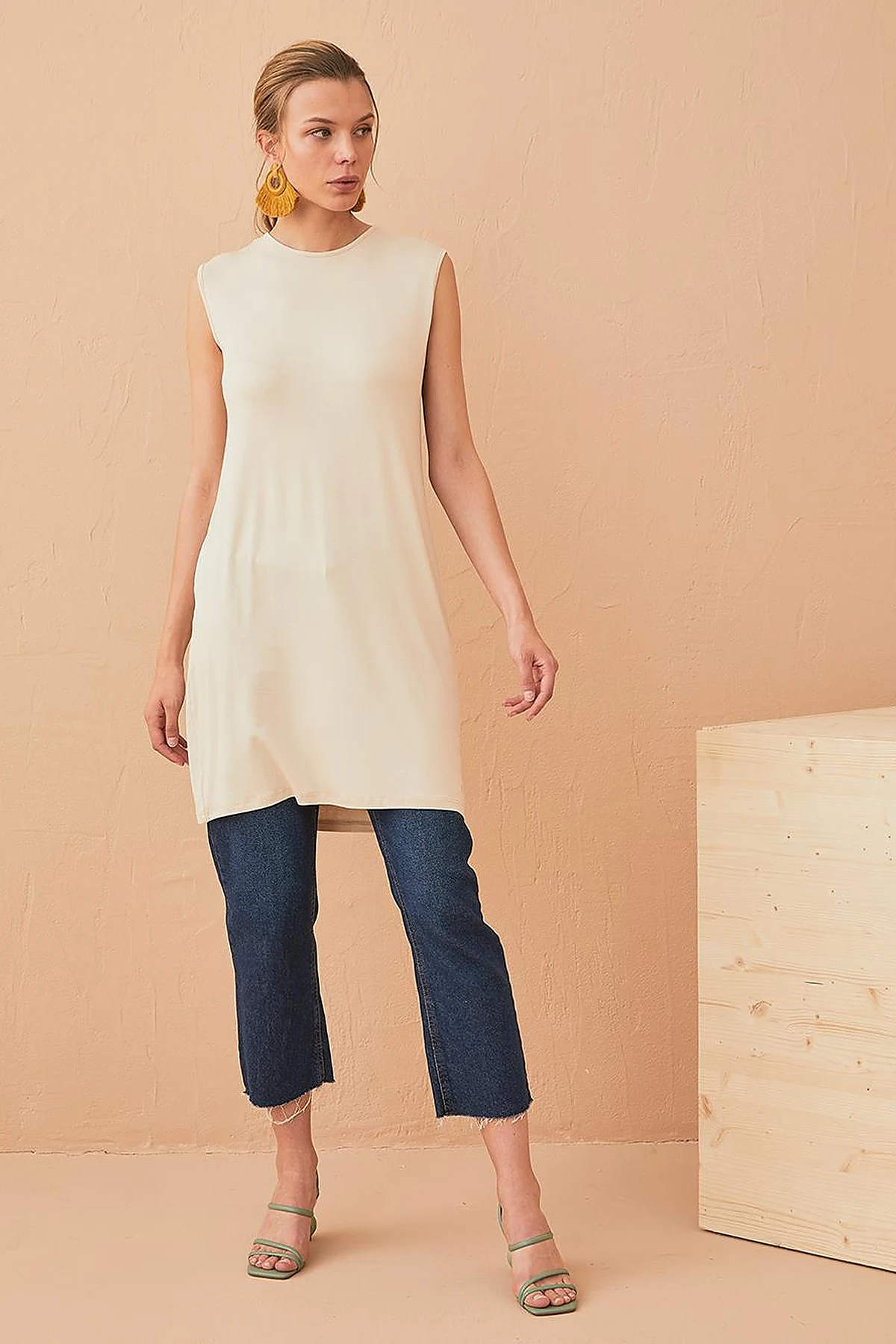 Basic Kolsuz Penye Bluz Taş SZ 10505