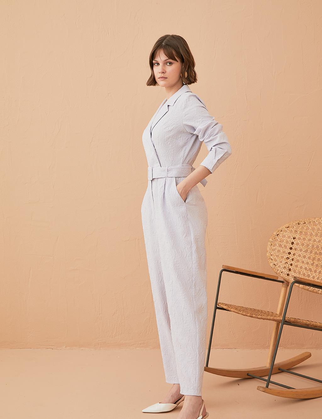 Jacquard Double Breasted Collar Jumpsuit B21 22005 Lilac