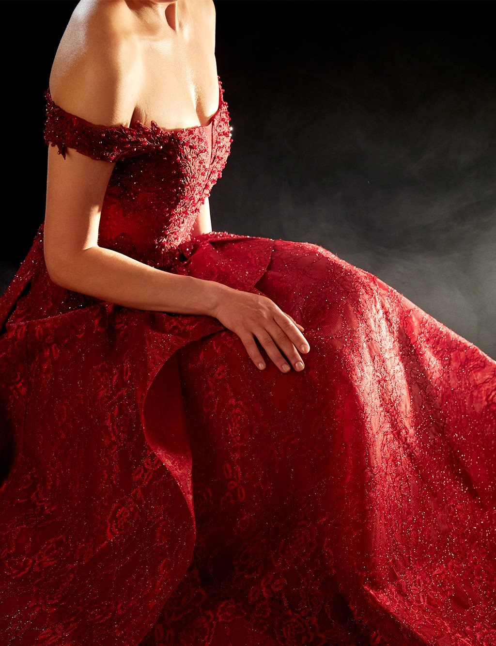  TIARA Laced Ruffled Boat Neck Evening Dress B9 26056 Red