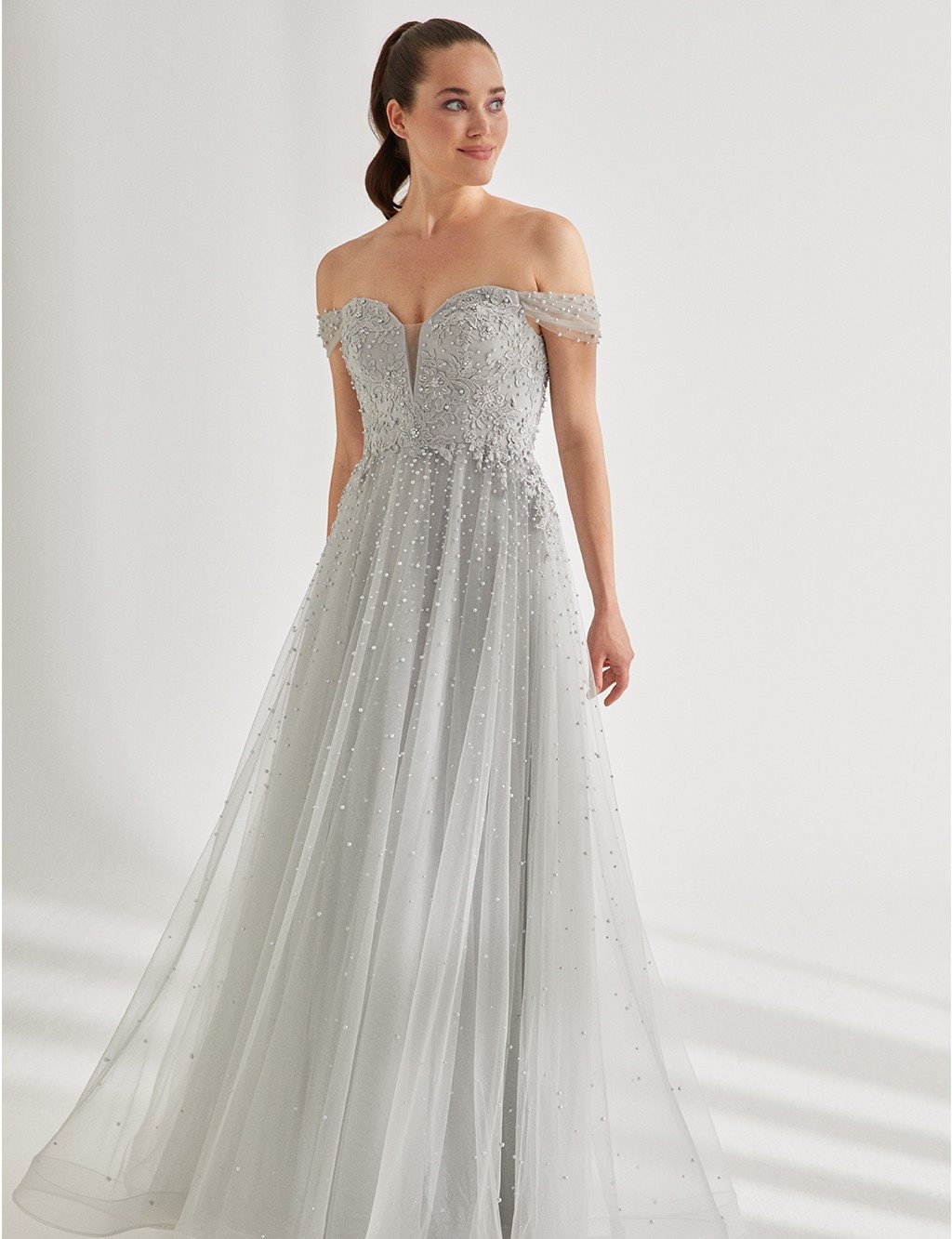 TIARA Pearl Strapless Evening Dress B9 26077 Grey