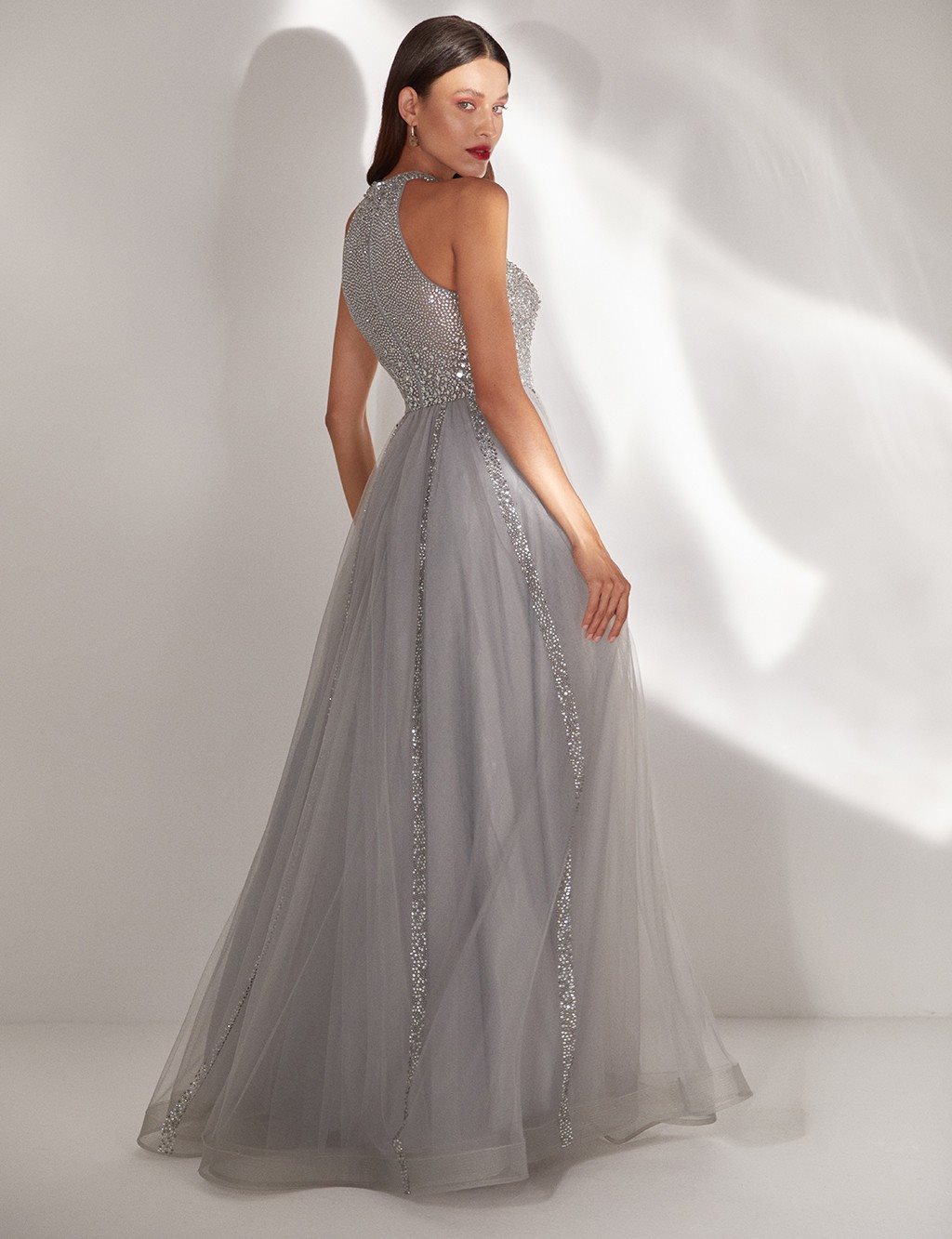 TIARA Tulle Skirt Stone Decorated Evening Dress B20 26166 Grey
