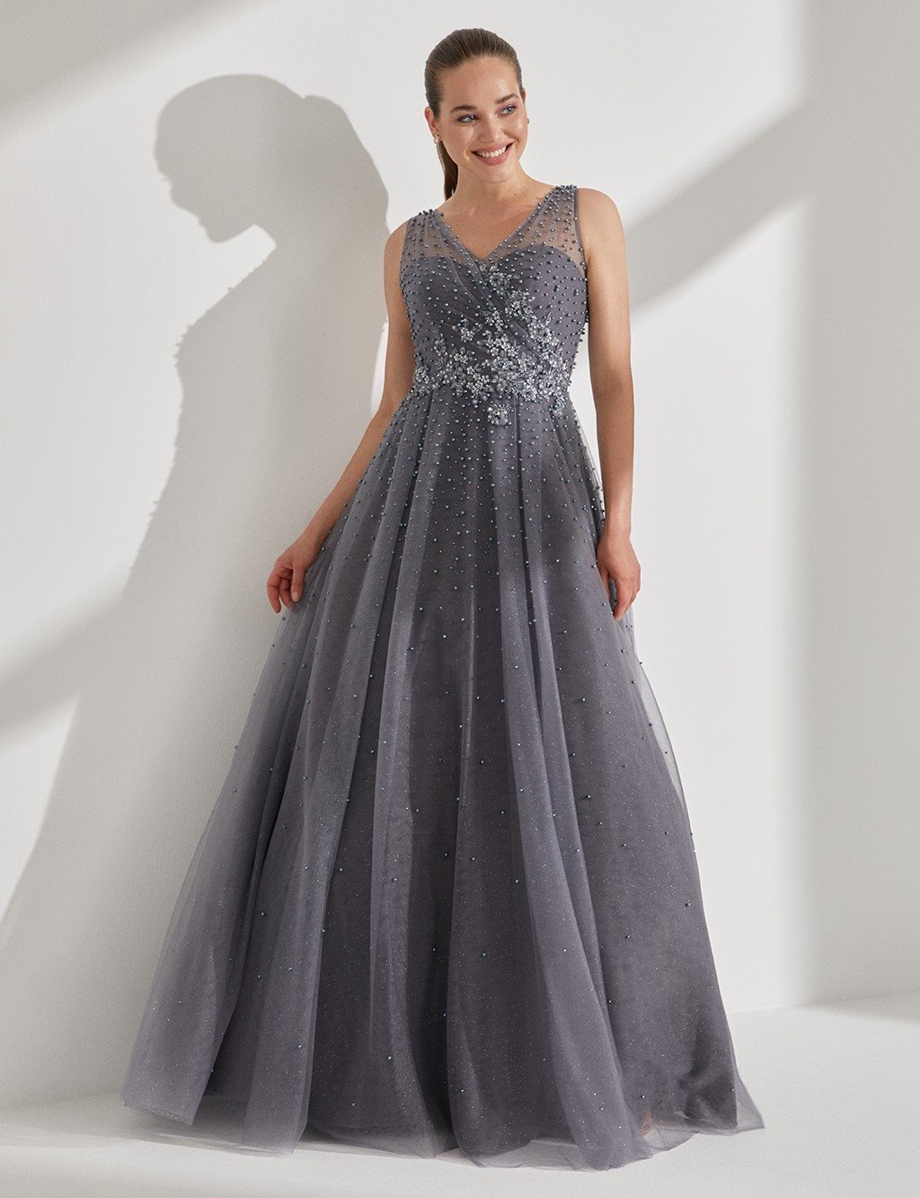 TIARA Tulle Detailed Pearl Embroidered Evening Dress B20 26170 Blue Granite