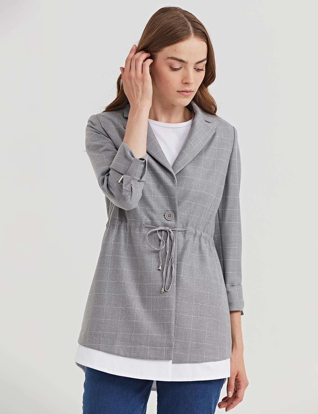 Layered Checkered Double Breasted Jacket A21 13018 Grey