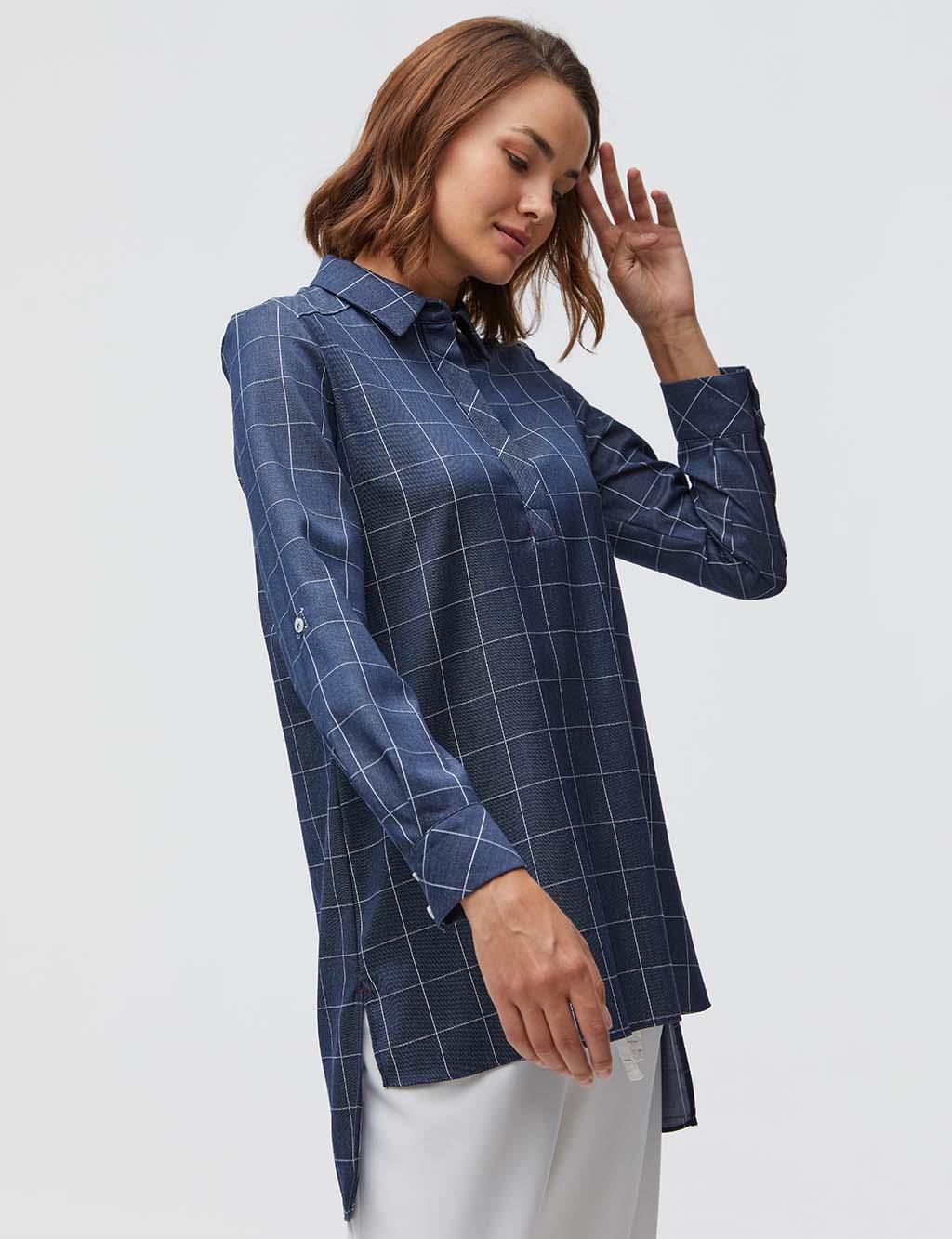 Back Long Checkered Tunic A21 21085 Navy-White