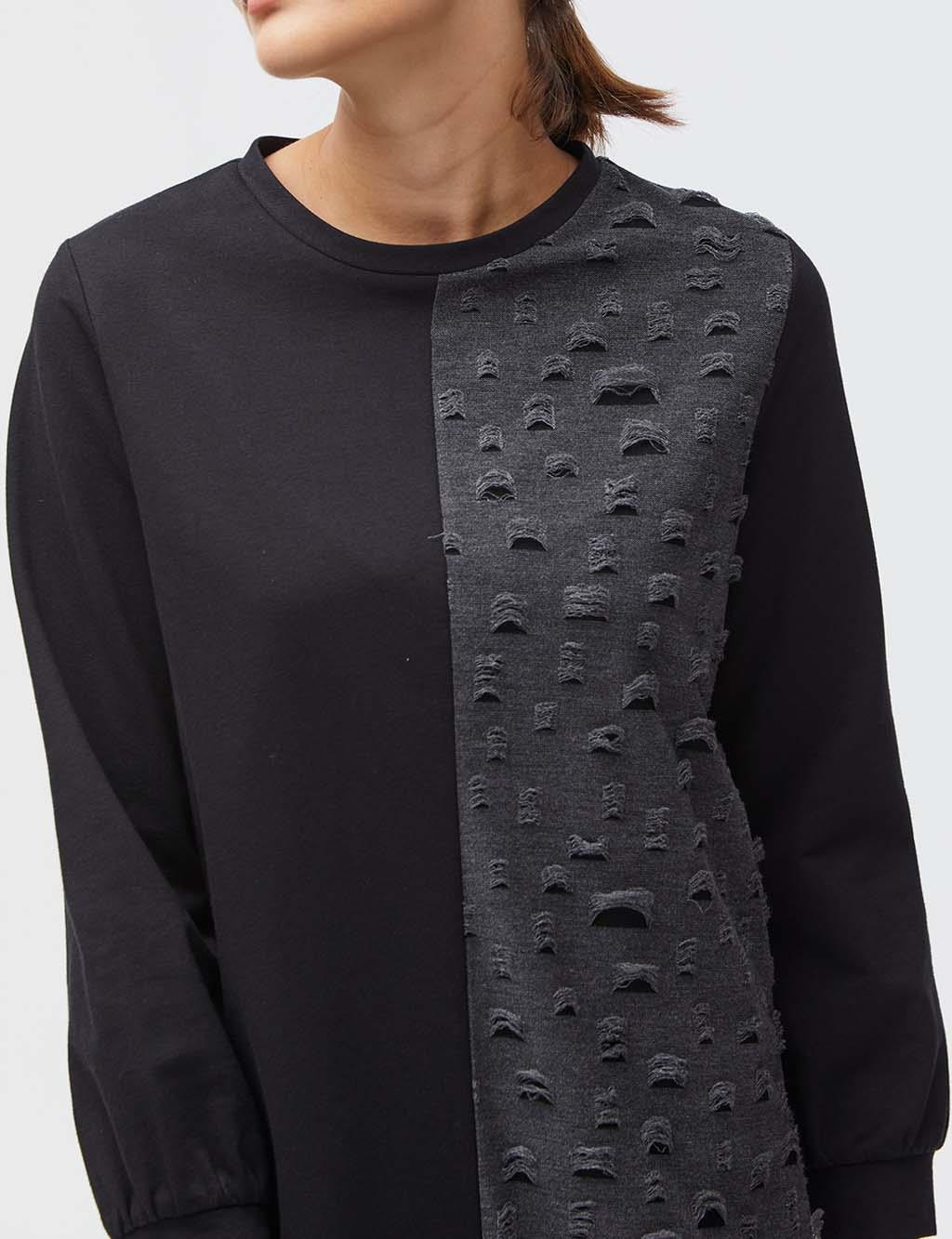 Eskitme Detaylı Parçalı Sweatshirt Siyah A21 31011