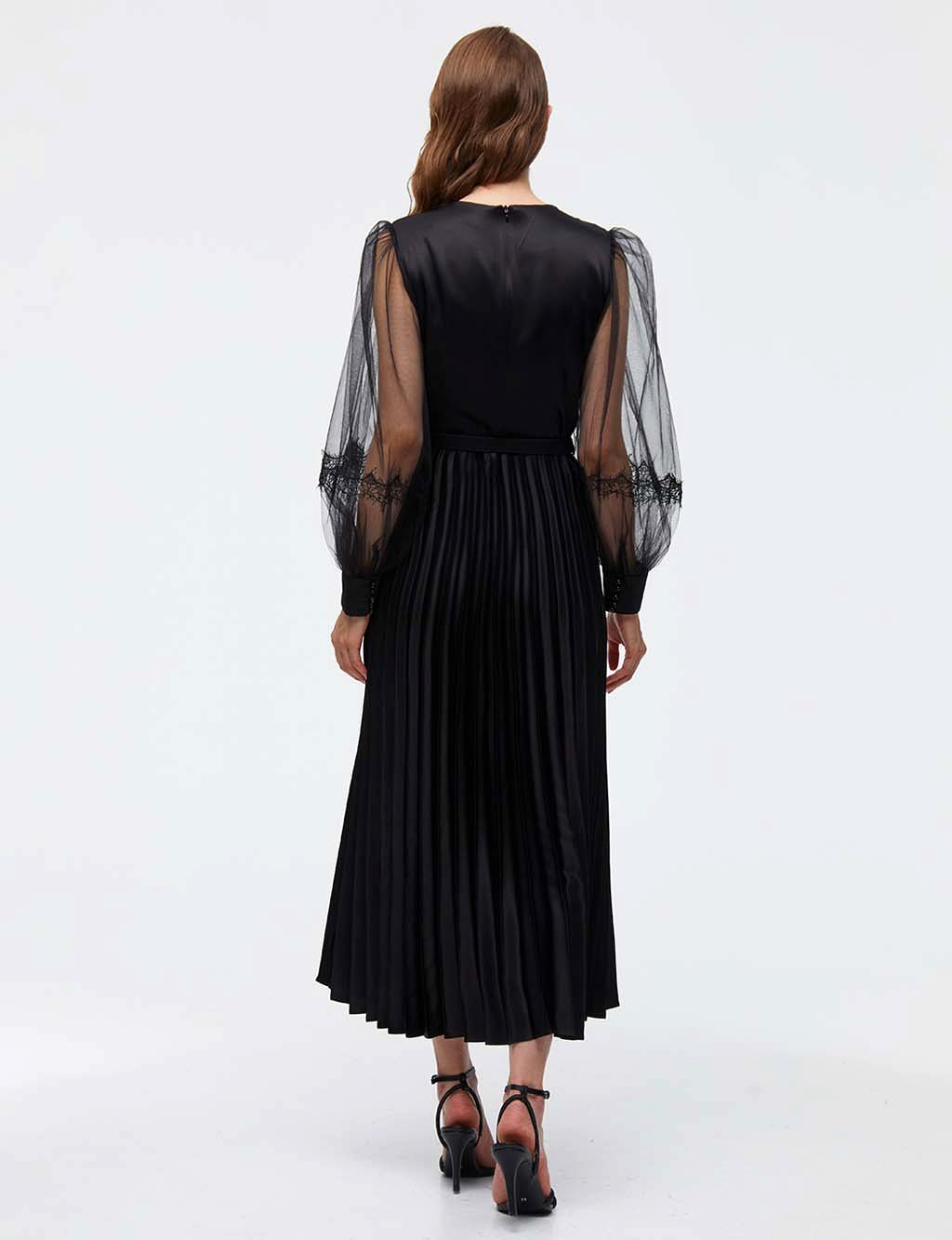 Sleeves Tulle Pleated Skirt Dress A21 23040 Black