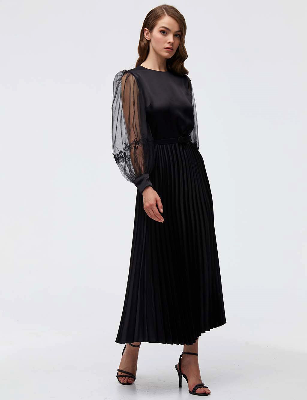Sleeves Tulle Pleated Skirt Dress A21 23040 Black