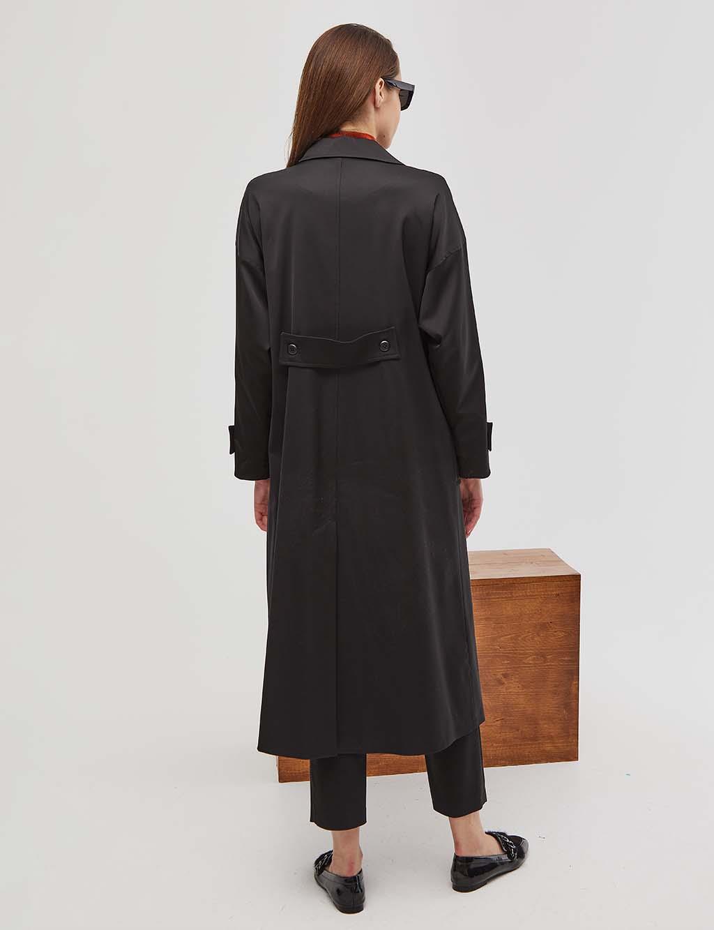 Double Breasted Buttoned Long Trench Coat / Cap Black