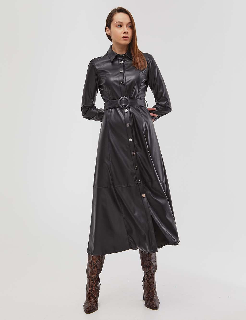 Metal Button Closure Leather Dress Black