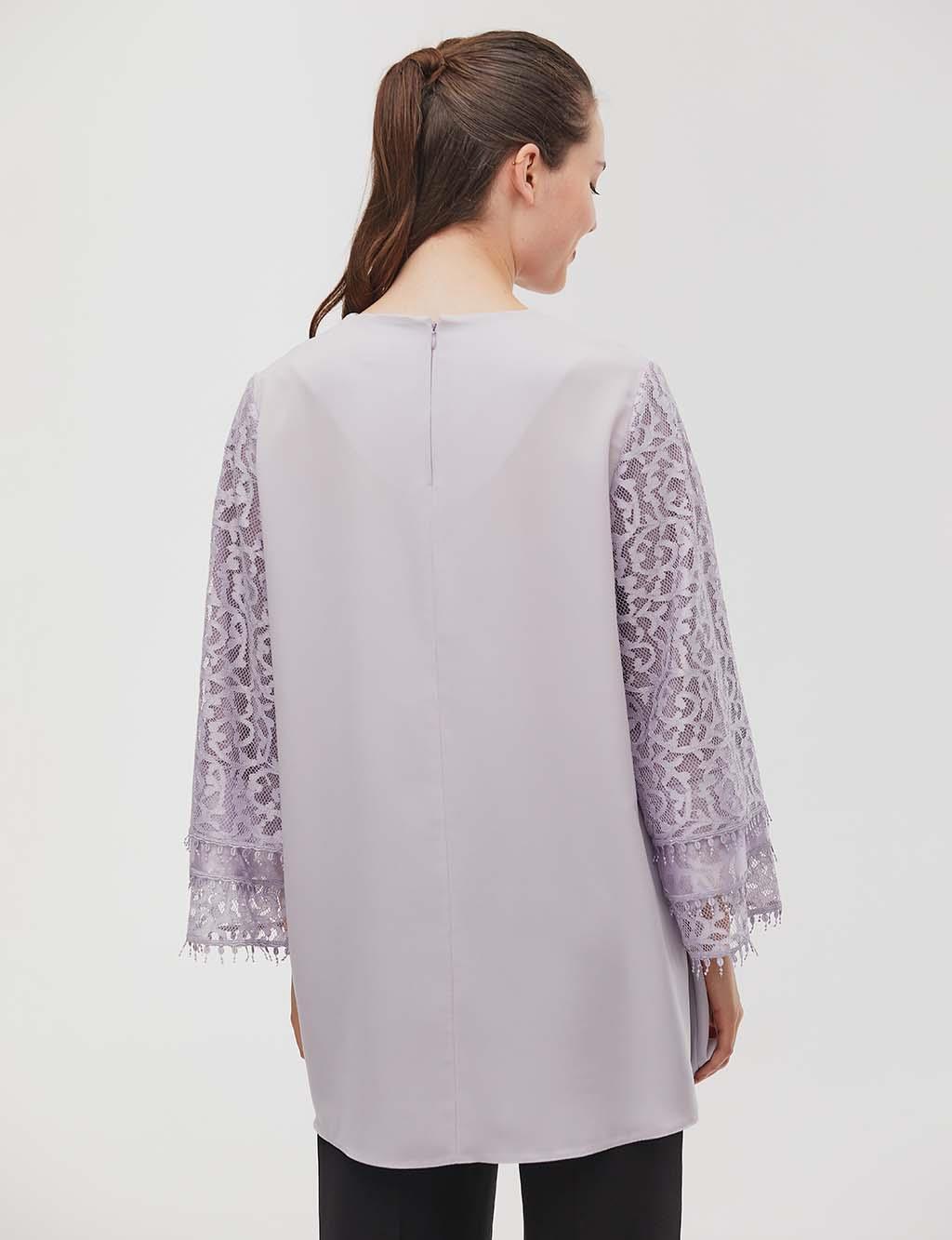 Round Neck Collar Tunic With Lace Sleeves Lilac
