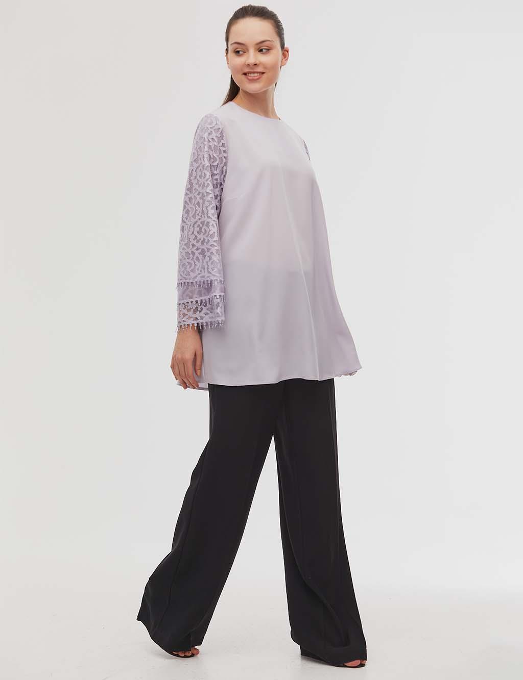 Round Neck Collar Tunic With Lace Sleeves Lilac