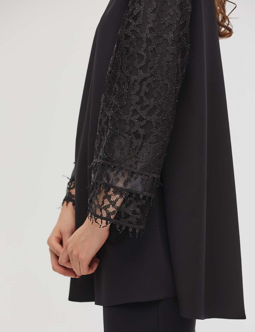 Round Neck Collar Tunic With Lace Sleeves Black