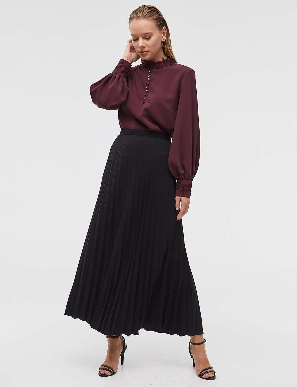 Button Detailed Balloon Sleeve Blouse Claret Red